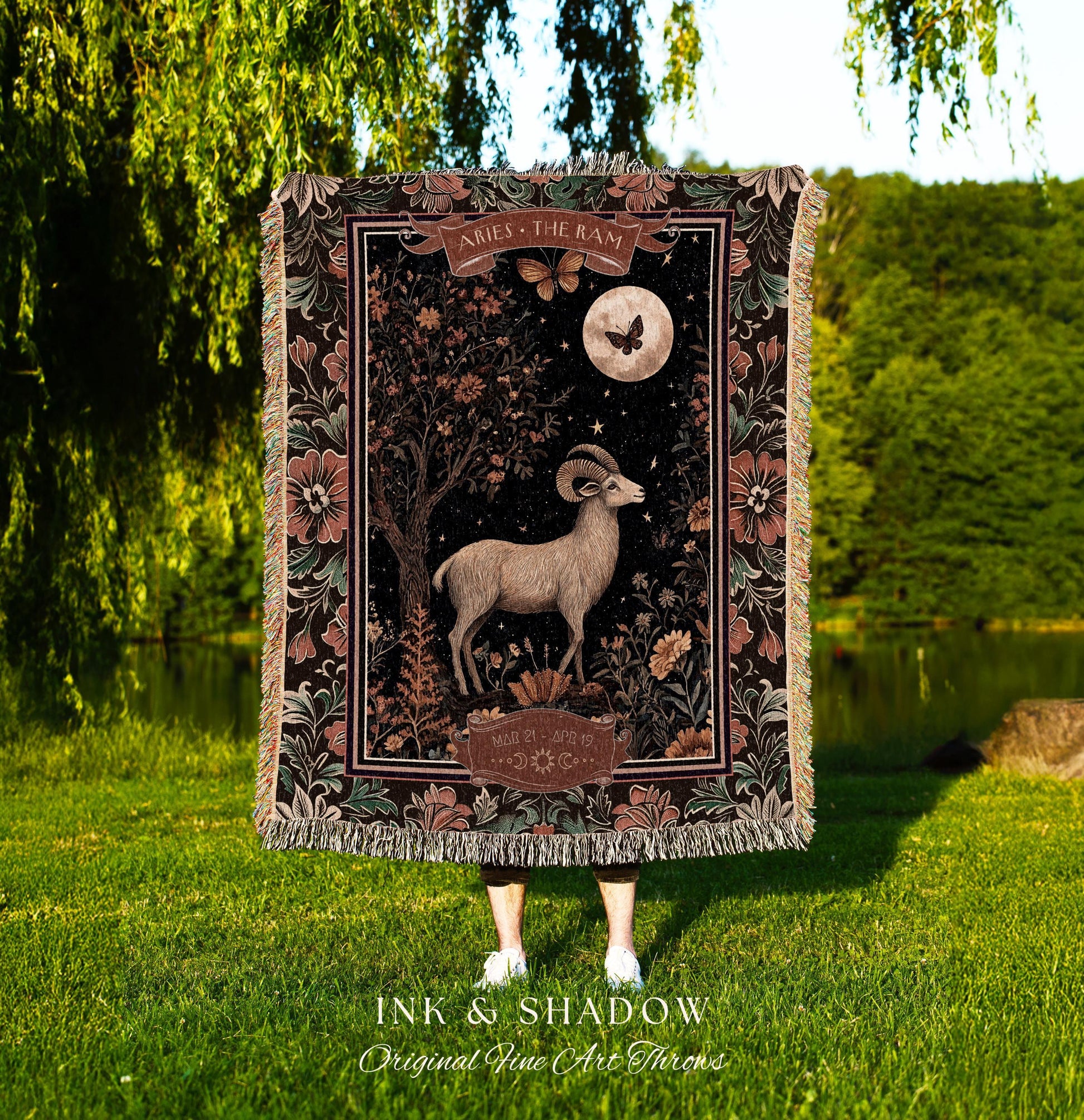 Celestial Aries Zodiac Blanket The Ram Constellation Tapestry | Victorian Gothic Star Sign Decor Astrology Gift Fire Sign Birthday Throw Art
