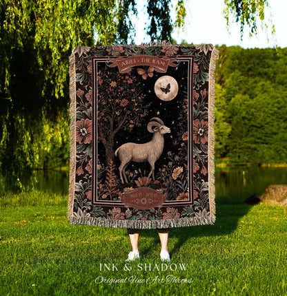 Celestial Aries Zodiac Blanket The Ram Constellation Tapestry | Victorian Gothic Star Sign Decor Astrology Gift Fire Sign Birthday Throw Art