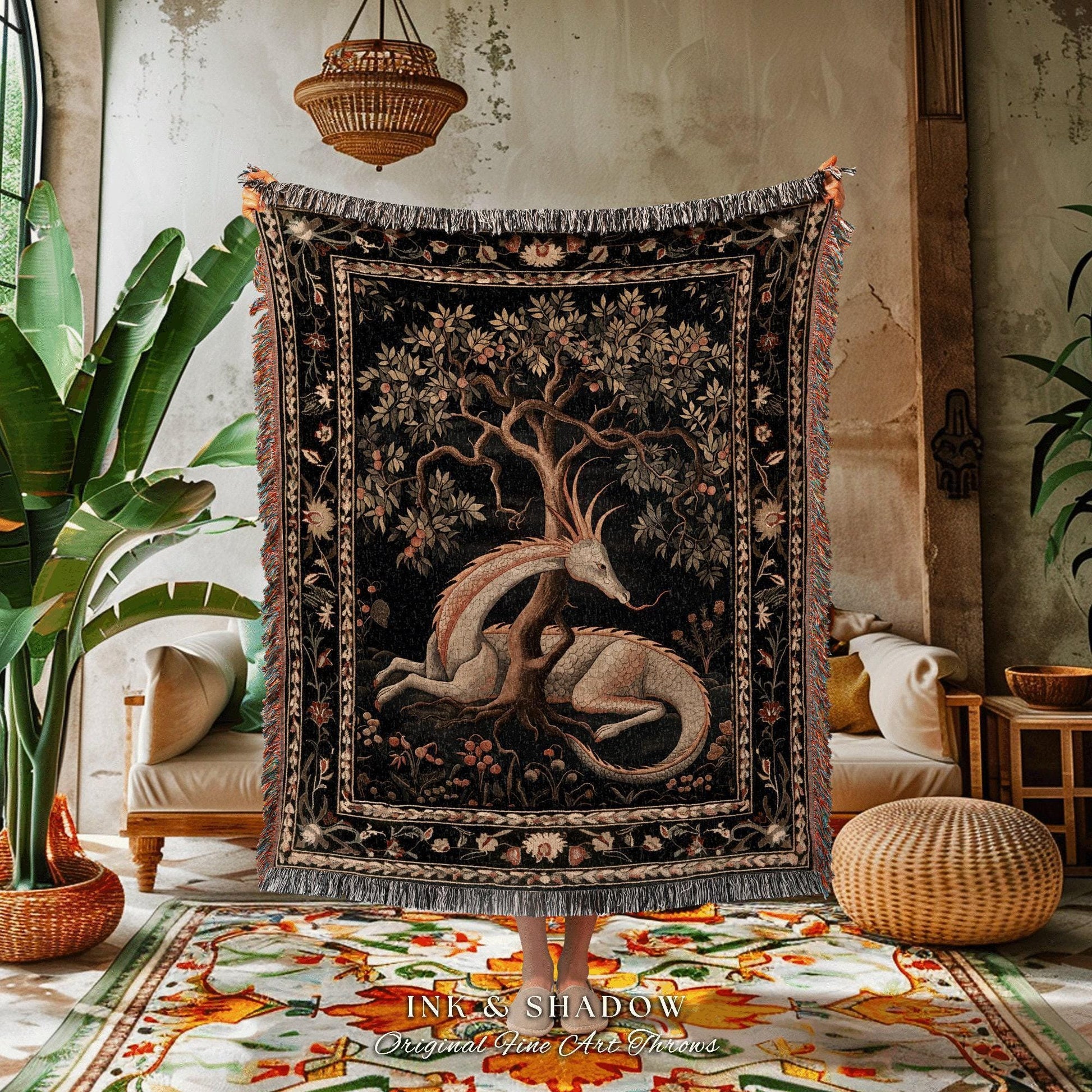 Folklore Dragon Woven Blanket | Medieval Aesthetic Fairytale Inspired Wall Art Cottagecore Style Fairycore Woven Throw Tapestry Botanical |
