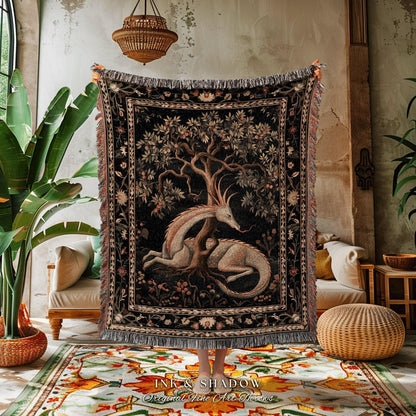 Folklore Dragon Woven Blanket | Medieval Aesthetic Fairytale Inspired Wall Art Cottagecore Style Fairycore Woven Throw Tapestry Botanical |