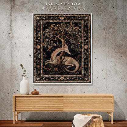 Folklore Dragon Woven Blanket | Medieval Aesthetic Fairytale Inspired Wall Art Cottagecore Style Fairycore Woven Throw Tapestry Botanical |