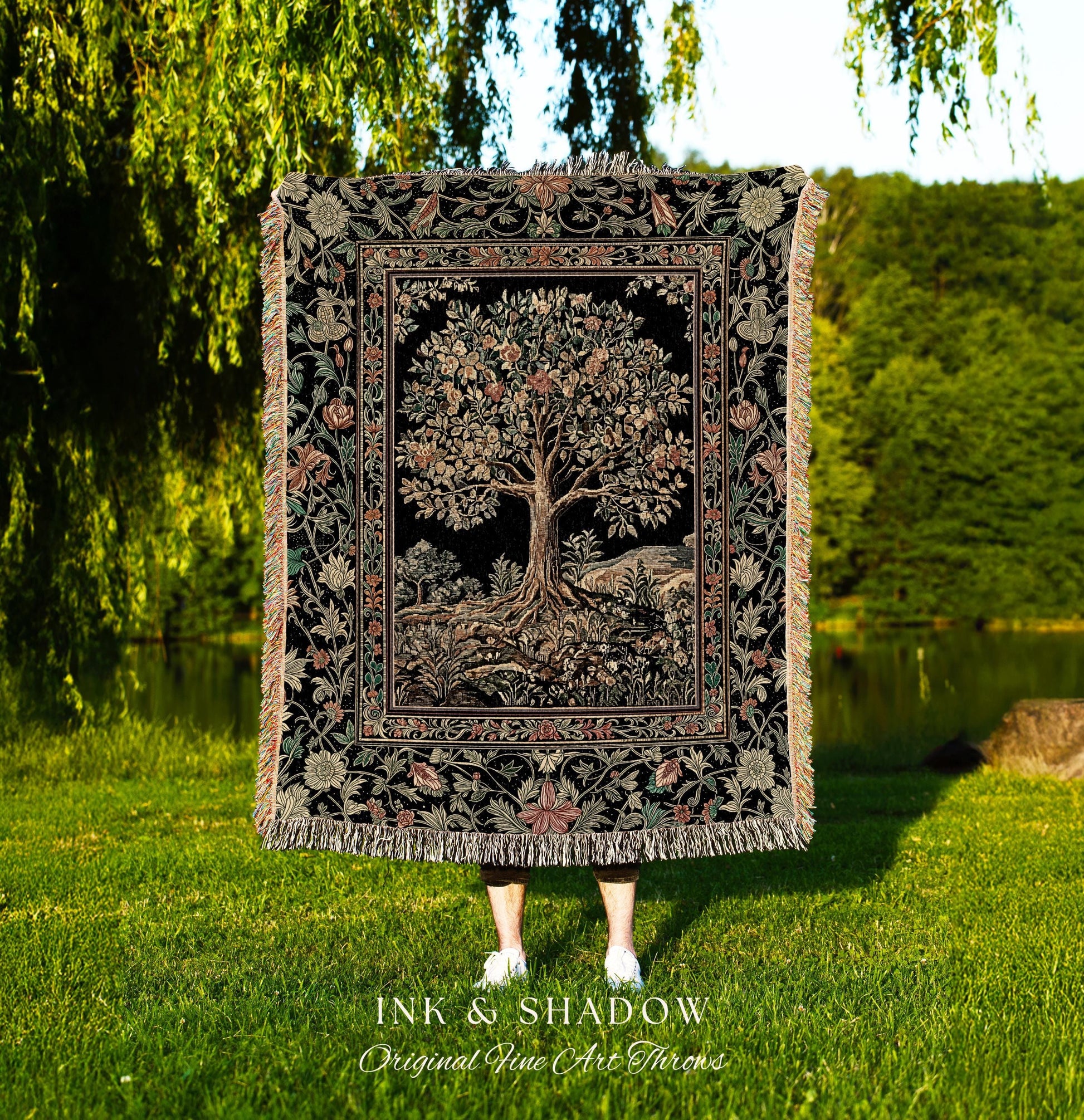 Regal Woodland Tree Throw Blanket Woven Cotton Wall Tapestry