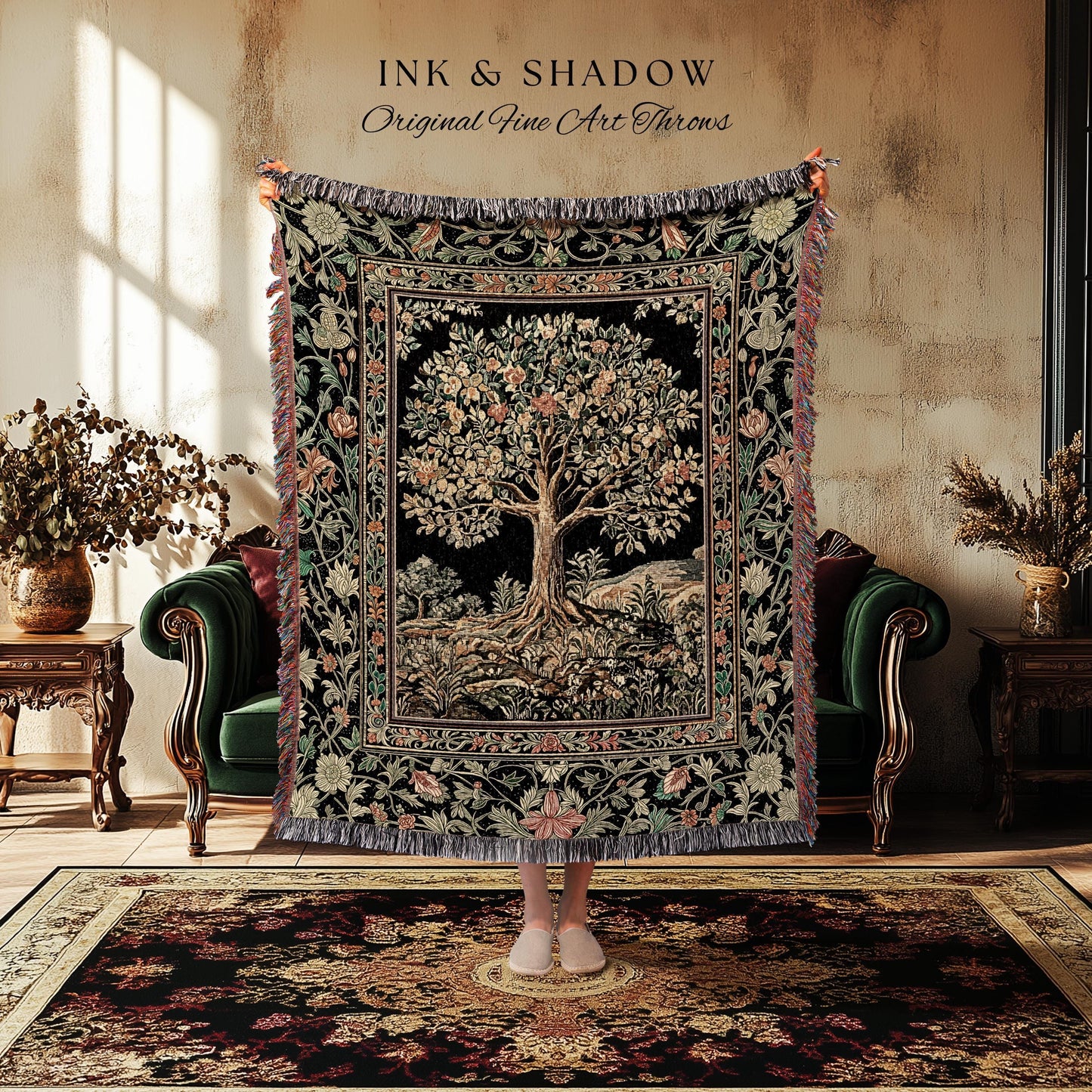 Regal Woodland Tree Throw Blanket Woven Cotton Wall Tapestry
