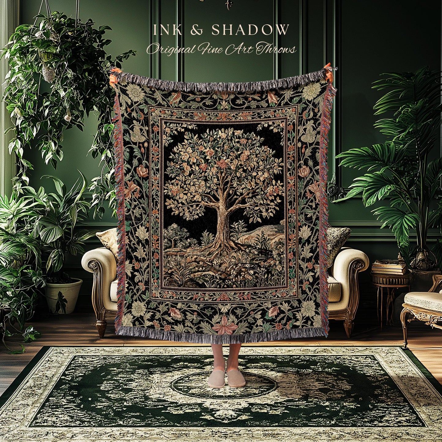 Regal Woodland Tree Throw Blanket Woven Cotton Wall Tapestry