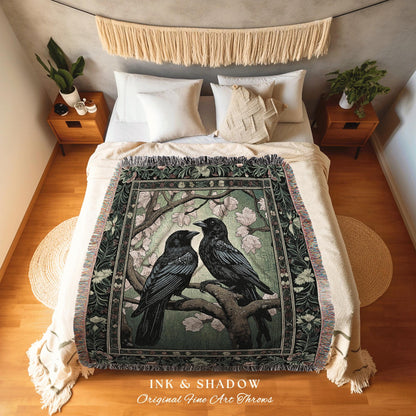 Gothic Black Raven Blanket Crow Woodland Fairycore Aesthetic Bird Art Tapestry Woven Throw Dark Cottagecore Floral Crowcore Whimsigoth Gift