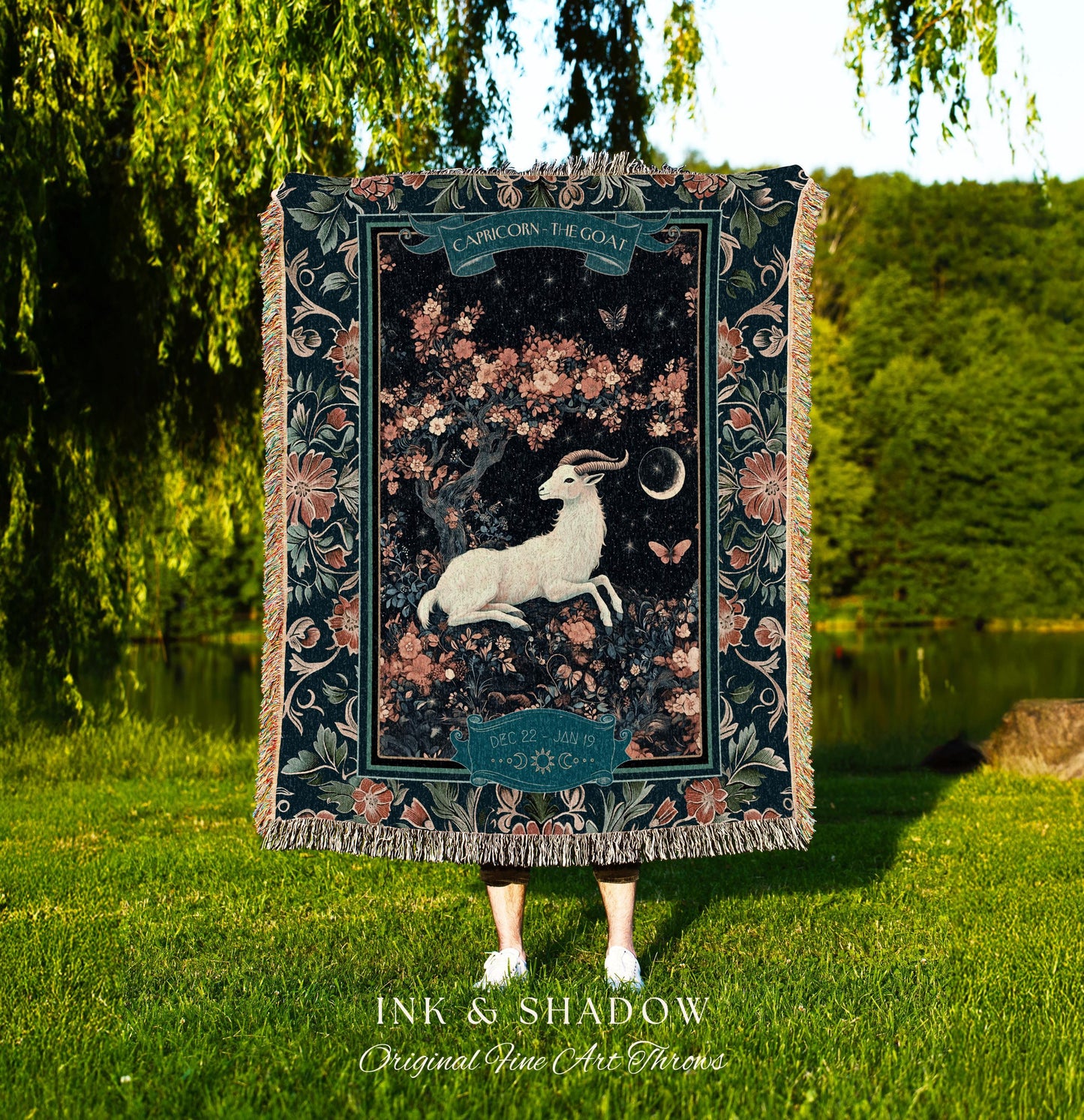 Enchanted Forest Capricorn Zodiac Blanket Celestial Midnight Woodland Throw, The Goat Astrology Tapestry Mystic Constellation Birthday Gift