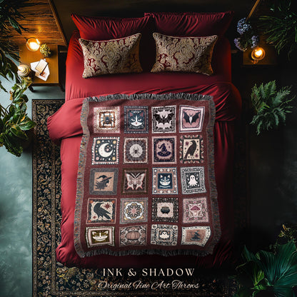 Moody Crimson Gothic Throw Blanket | Cute Dark Academia Decor Spooky Woven Bat Tapestry Accent Cozy Whimsigoth Bedroom Gift Retro Halloween