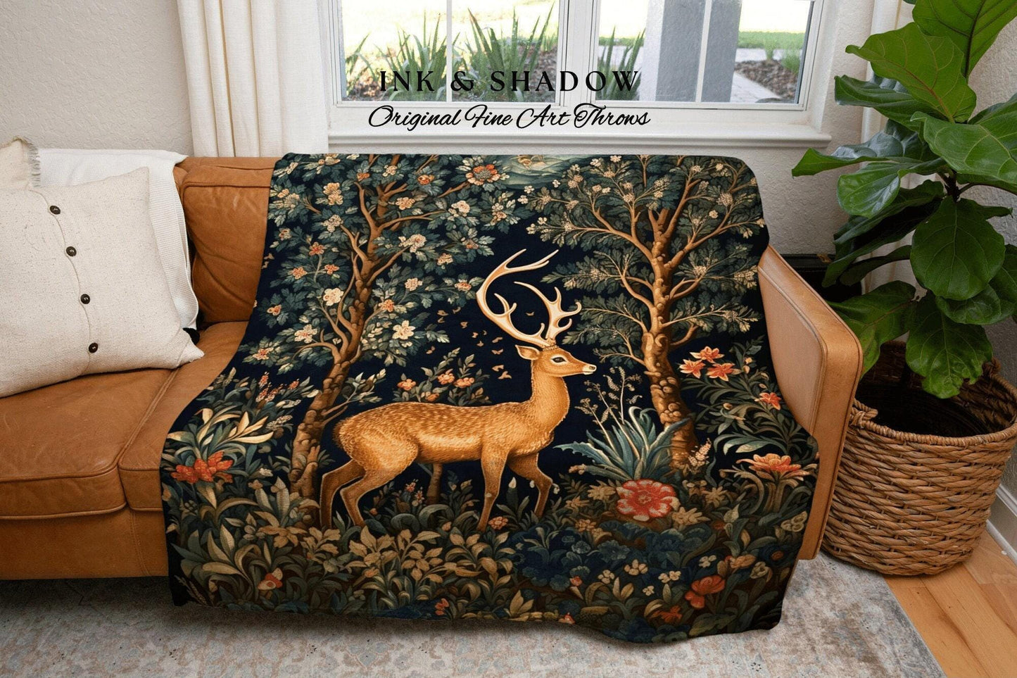 Woodland Folklore Deer Blanket | Mystic Aesthetic Folk Art Tapestry Woven William Morris Decor Dark Cottagecore Deer Gift Cozy Throw