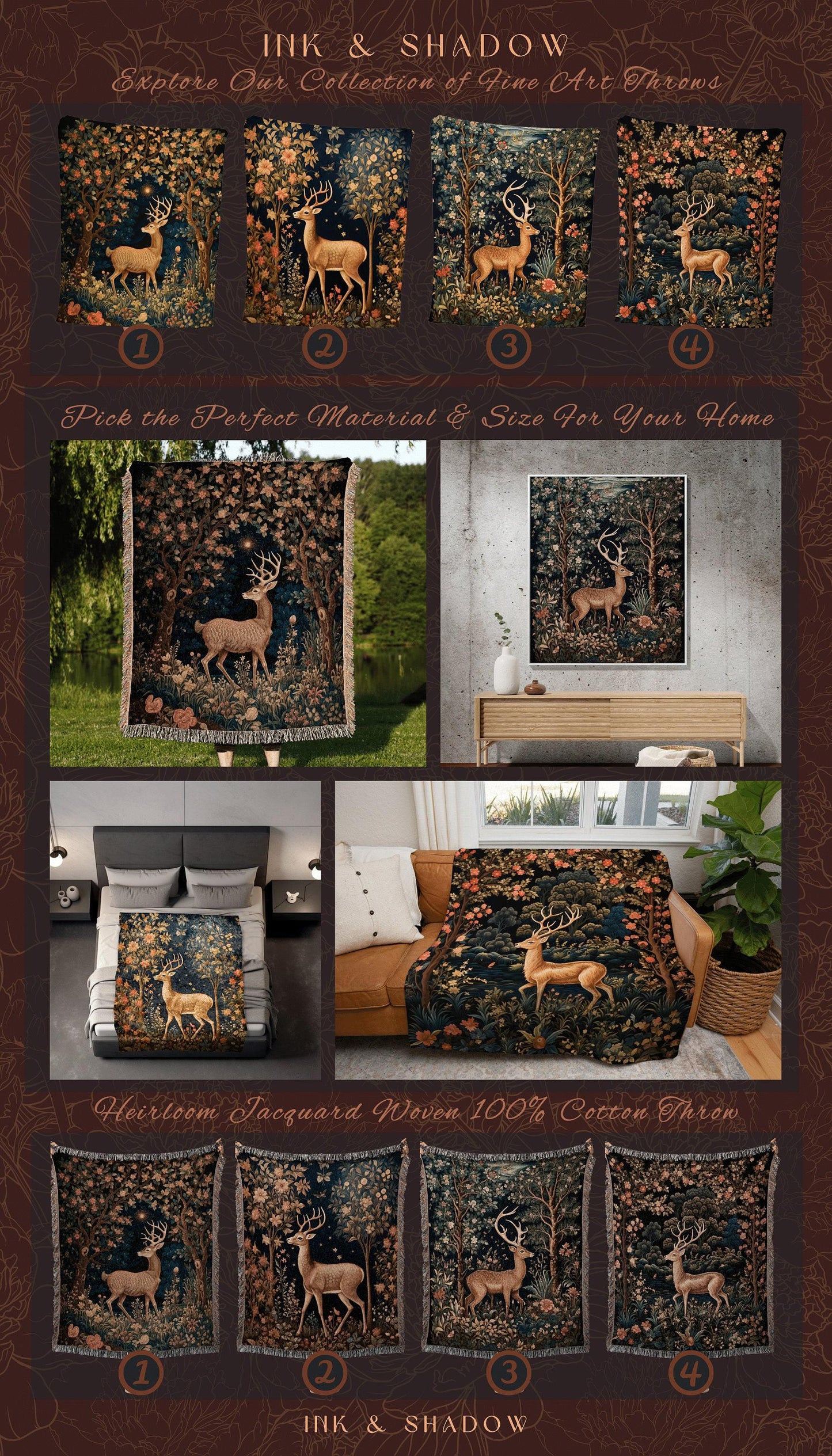 Woodland Folklore Deer Blanket | Mystic Aesthetic Folk Art Tapestry Woven William Morris Decor Dark Cottagecore Deer Gift Cozy Throw