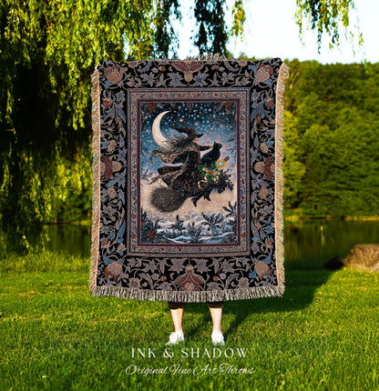 Magic Moonlit Witch Woven Tapestry | Ethereal Witchy Halloween Throw Blanket Nostalgic Aesthetic Broomstick Black Cat Celestial Home Decor