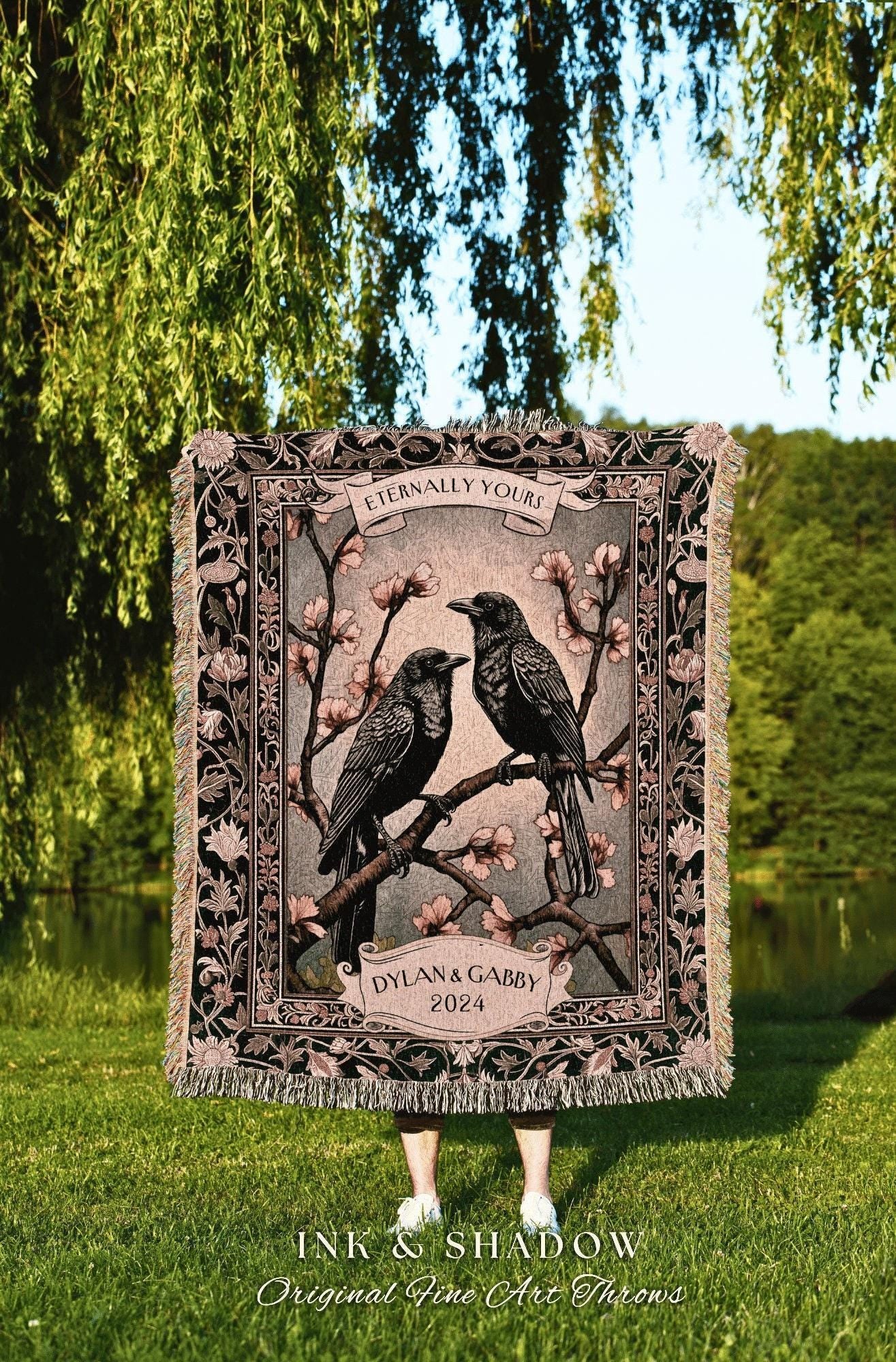 Floral Raven Couple Personalized Blanket | Crow Core Couple Dark Academia Aesthetic Woven Throw Custom Name Gift Tapestry Whimsical Decor |
