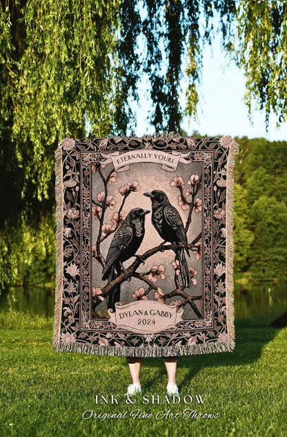 Floral Raven Couple Personalized Blanket | Crow Core Couple Dark Academia Aesthetic Woven Throw Custom Name Gift Tapestry Whimsical Decor |
