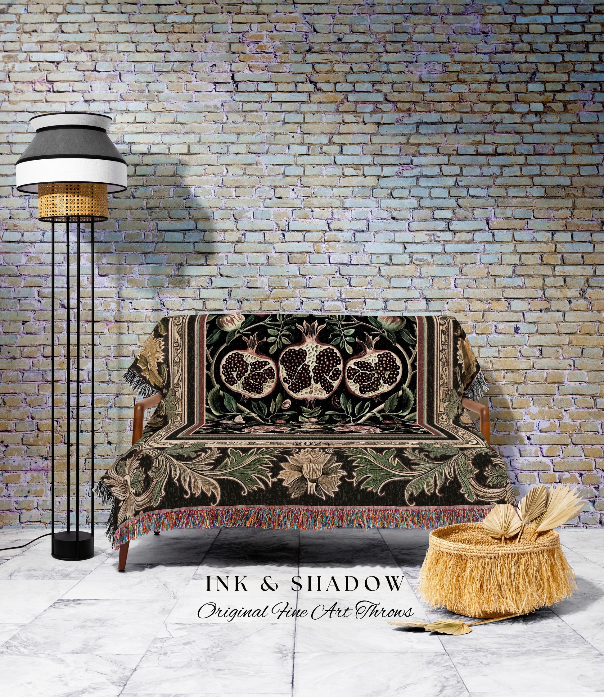 Forestcore Moody Maximalism Pomegranate Blanket Earthy Whimsigoth Aesthetic, Floral Fairycore Grunge Medieval Nature Inspired Tapestry Throw