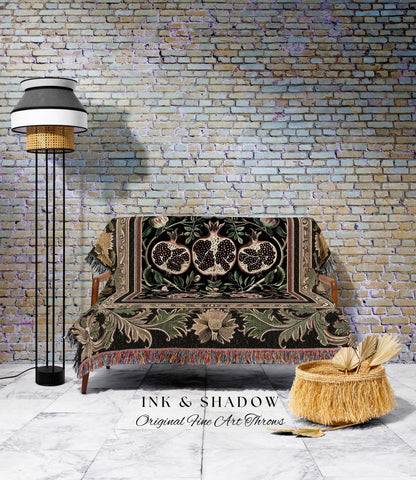 Forestcore Moody Maximalism Pomegranate Blanket Earthy Whimsigoth Aesthetic, Floral Fairycore Grunge Medieval Nature Inspired Tapestry Throw