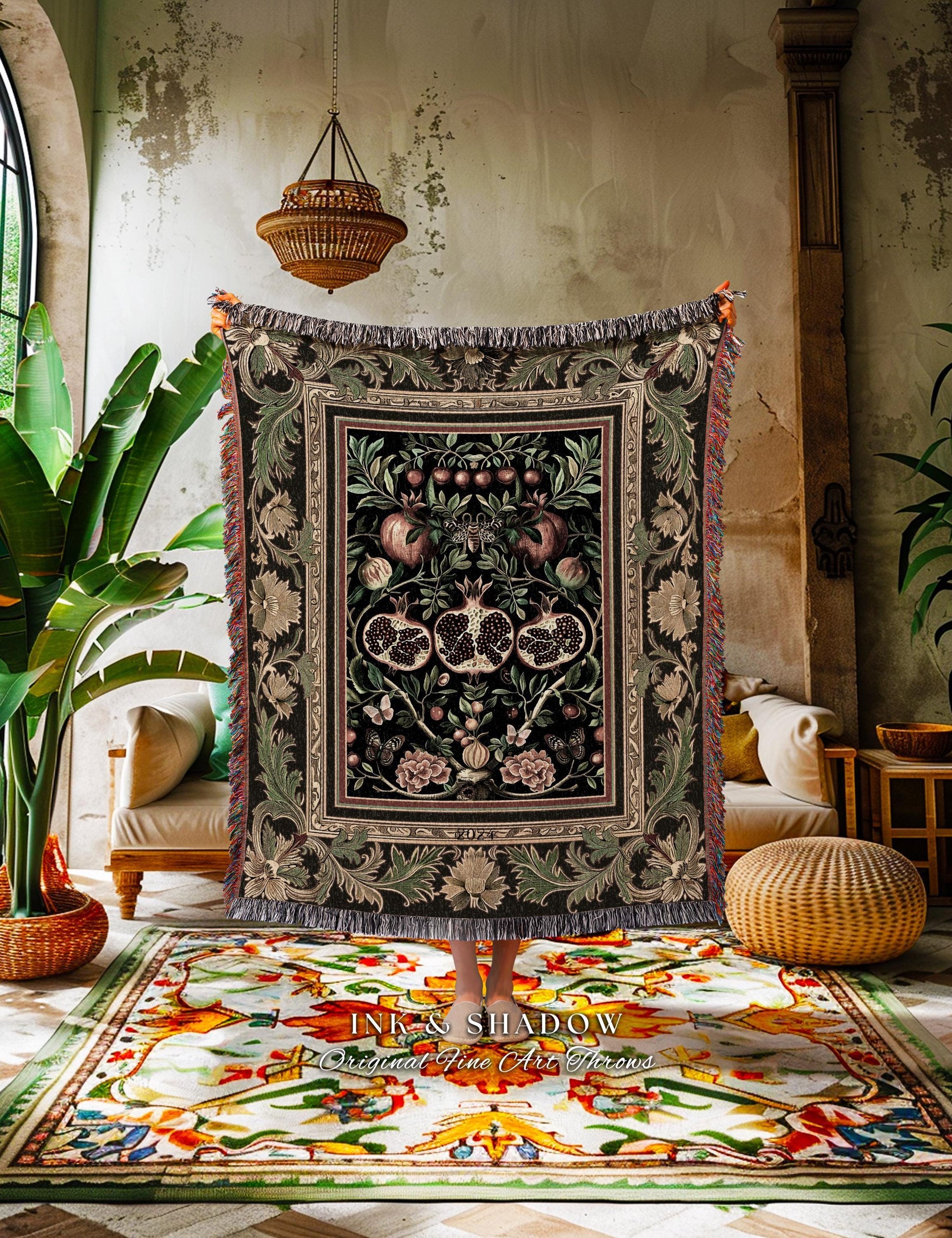 Forestcore Moody Maximalism Pomegranate Blanket Earthy Whimsigoth Aesthetic, Floral Fairycore Grunge Medieval Nature Inspired Tapestry Throw