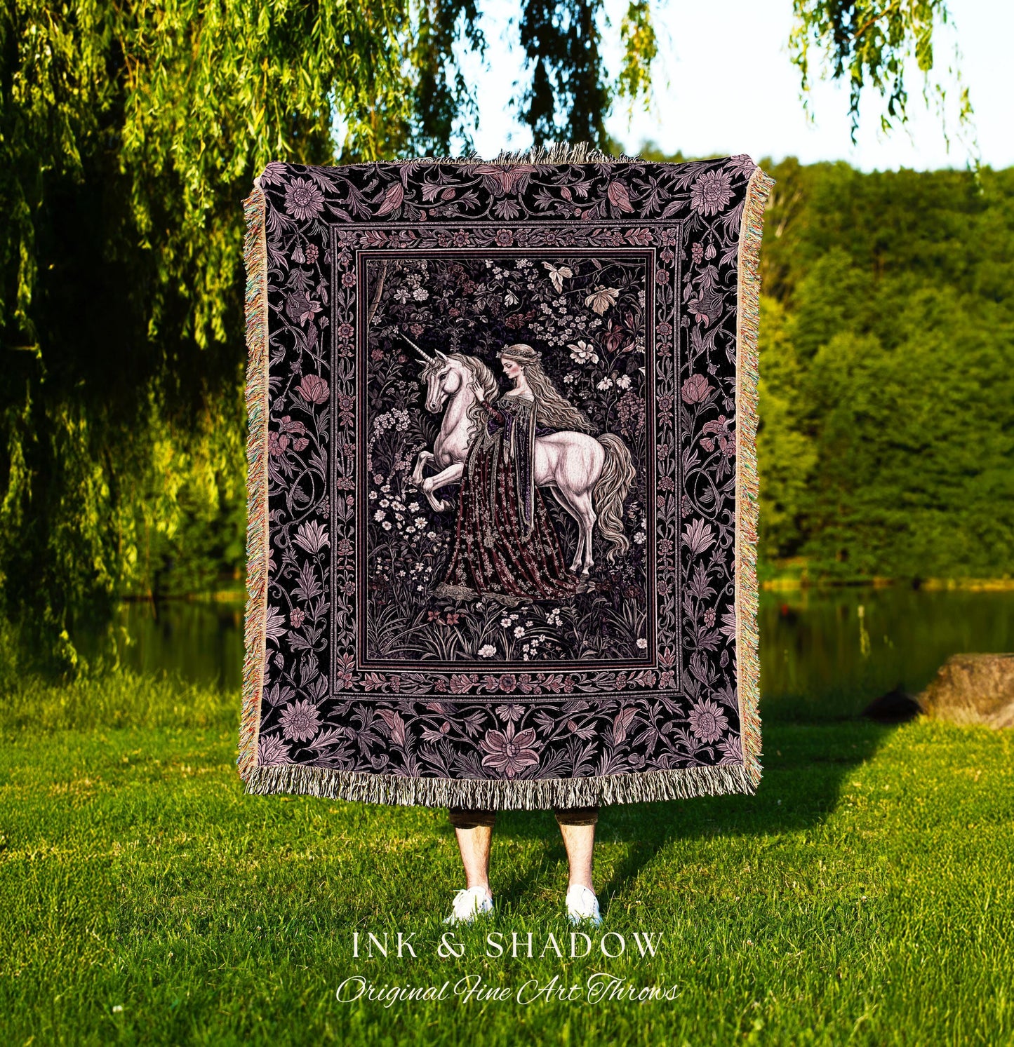 Pastel Whimsical Medieval Woven Tapestry | Enchanted Cottagecore Throw Blanket Romantic Goth Princess Bedroom Fairytale Regal Coquette Decor