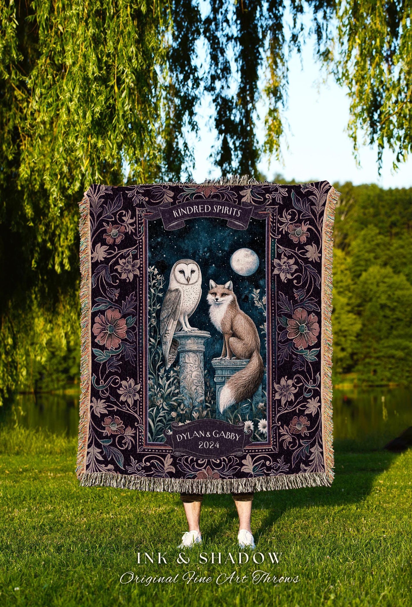 Enchanted Moonlit Custom Couple Tapestry Throw Woodland Wedding Owl & Fox Kindred Spirits Whimsical Anniversary Sentimental Cute Cozy Gift