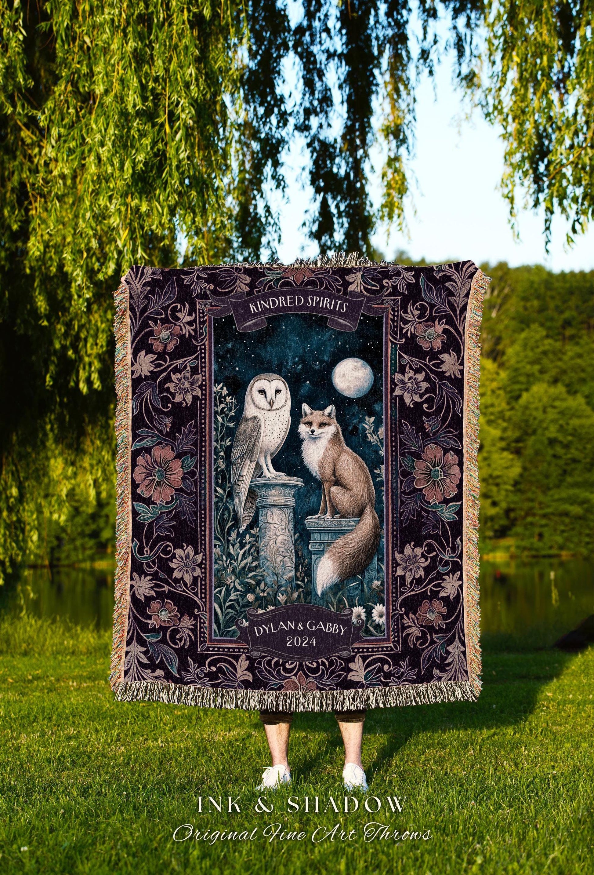 Enchanted Moonlit Custom Couple Tapestry Throw Woodland Wedding Owl & Fox Kindred Spirits Whimsical Anniversary Sentimental Cute Cozy Gift