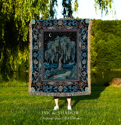 Starry Night Weeping Willow Tree Blanket | Woodland Folklore Aesthetic Moonlit Castle Fairytale Decor Ethereal Witchy Woven Wall Tapestry |