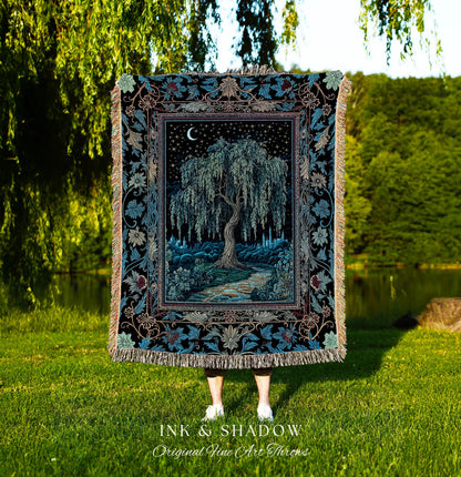 Starry Night Weeping Willow Tree Blanket | Woodland Folklore Aesthetic Moonlit Castle Fairytale Decor Ethereal Witchy Woven Wall Tapestry |