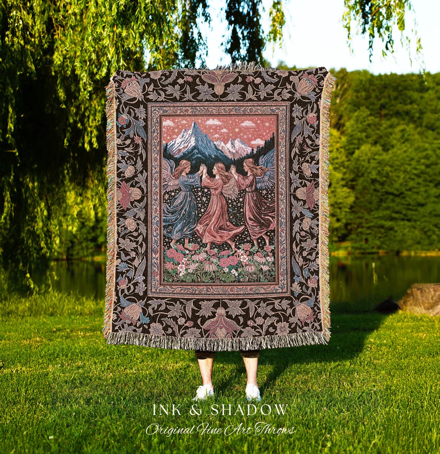 Enchanted Meadow Angel Blanket | Ethereal Dreamy Bohemian Cottagecore Light Academia Mystic Folklore Woven Tapestry Pastel Whimsical Decor