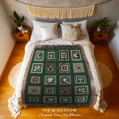 Eclectic Emerald Green Judaica Heritage Tapestry Throw Jewish Holiday Decor Whimsical Patchwork Blanket Festive Hanukah Folk Art Home Decor