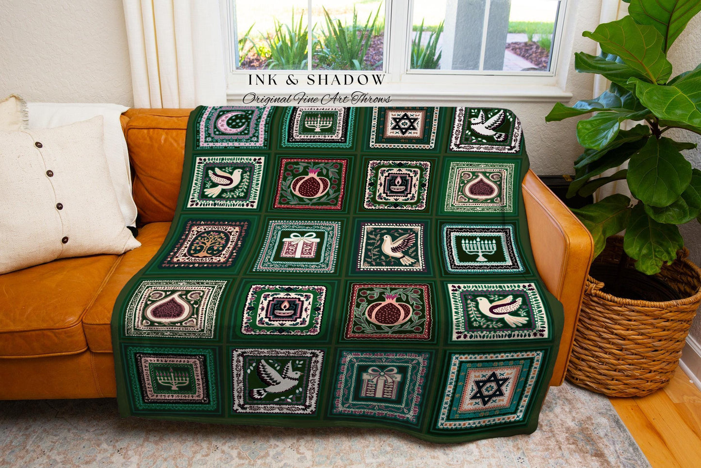 Eclectic Emerald Green Judaica Heritage Tapestry Throw Jewish Holiday Decor Whimsical Patchwork Blanket Festive Hanukah Folk Art Home Decor