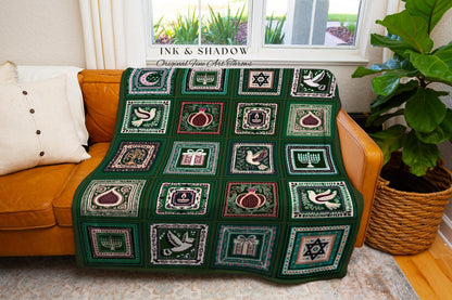 Eclectic Emerald Green Judaica Heritage Tapestry Throw Jewish Holiday Decor Whimsical Patchwork Blanket Festive Hanukah Folk Art Home Decor