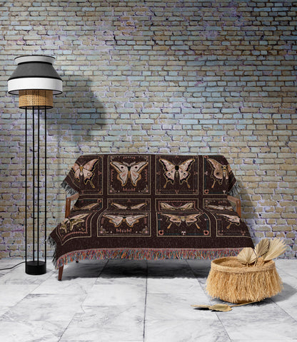 Whimsical Moth Blanket Woven Throw Dark Academia Luna Moth Art Gothic Home Decor Bohemian Bedding, Cozy Goth Cottagecore Tapestry Fall Gifts