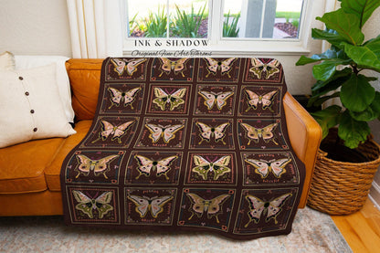 Whimsical Moth Blanket Woven Throw Dark Academia Luna Moth Art Gothic Home Decor Bohemian Bedding, Cozy Goth Cottagecore Tapestry Fall Gifts