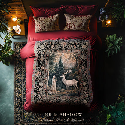 Mythic Landscape Gothic Forest Tapestry | Woodland Goddess Mystic Deer Blanket Forest Nymph Fairycore Woven Throw Magical Botanical Scene |