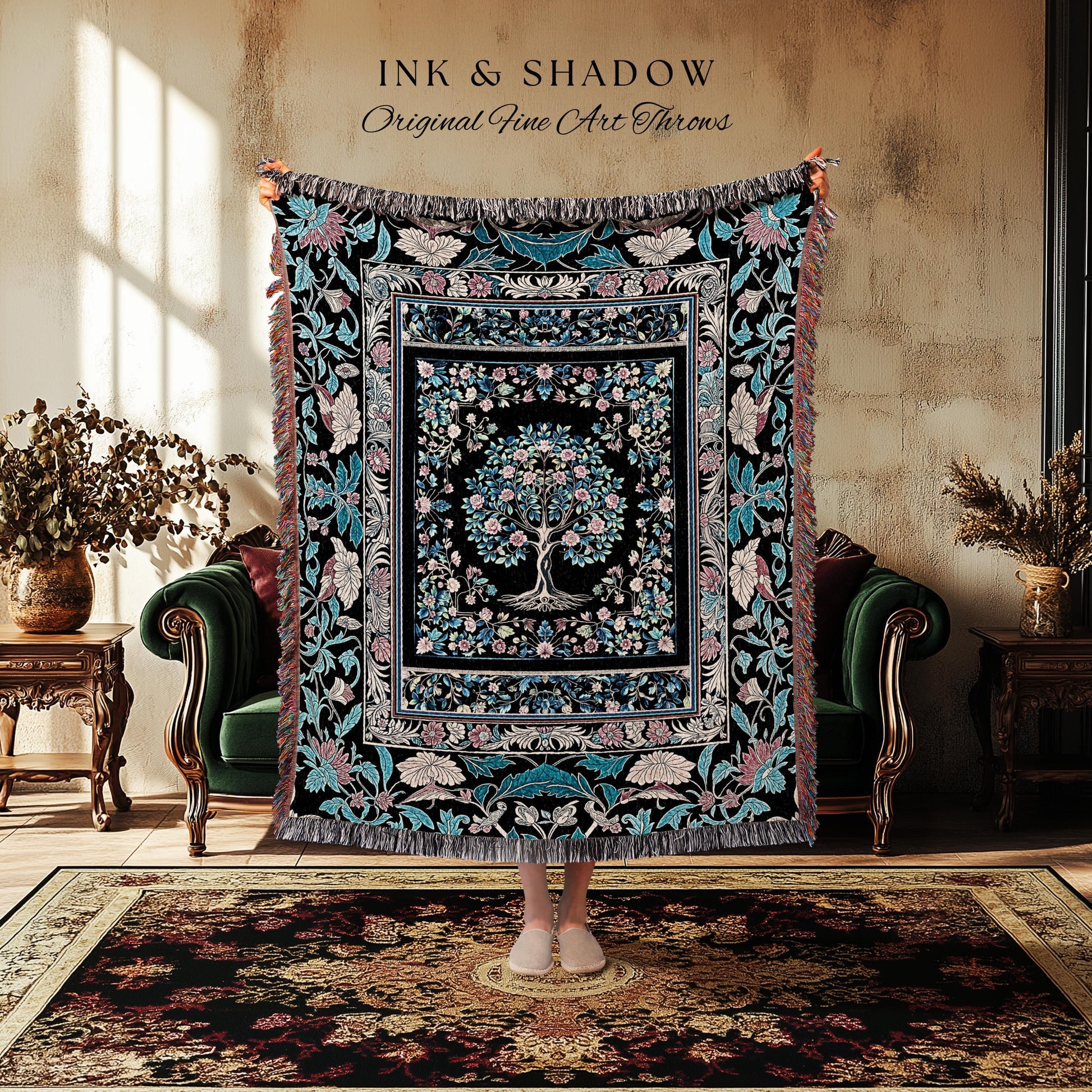 Timeless Folklore Tree Woven Throw Blanket Jacquard Tapestry