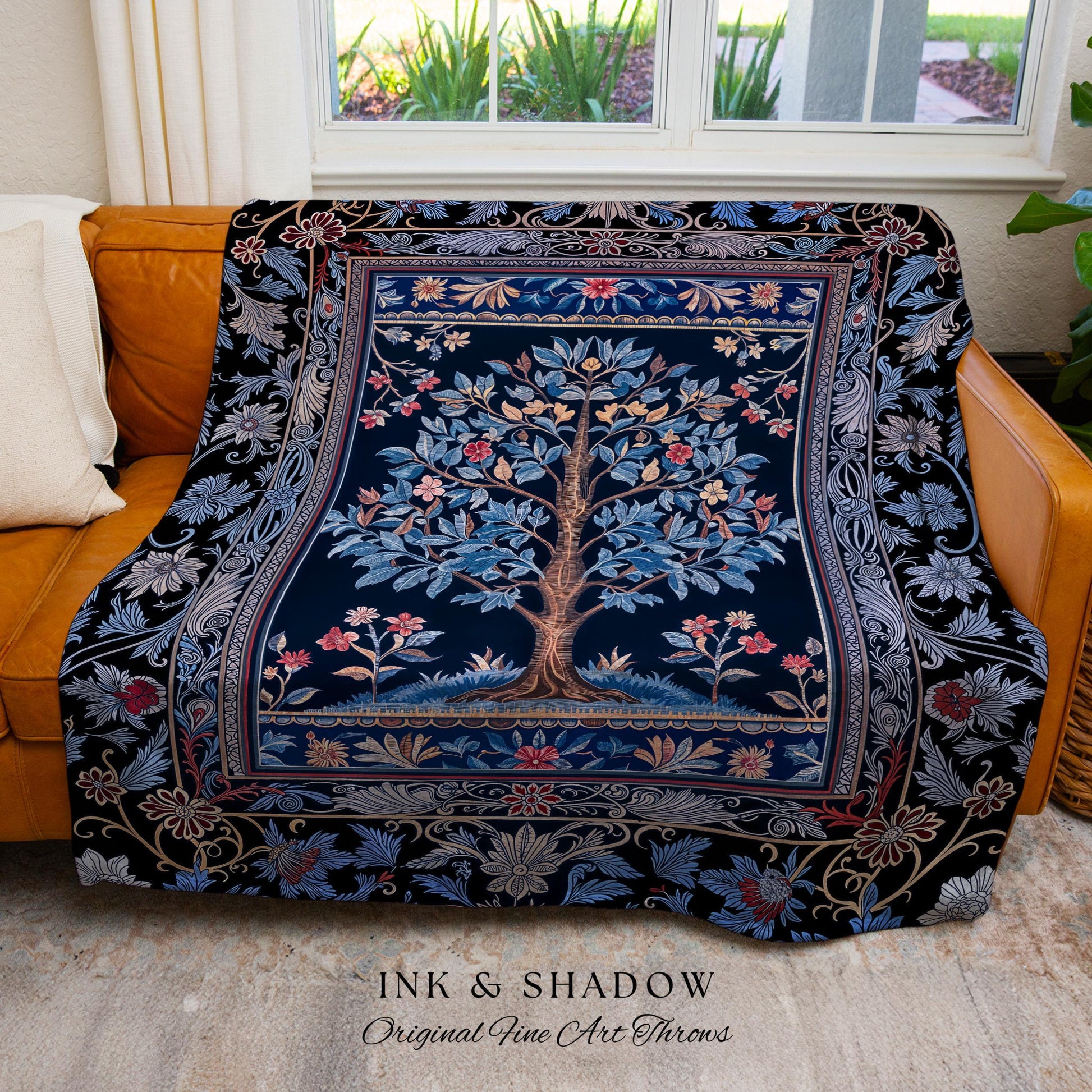 Dark Woodland Rich Baroque Tree of Life Blanket | Intricate Garden Decor Romantic Baroque Floral Accent Morris Inspired Woven Tapestry Throw