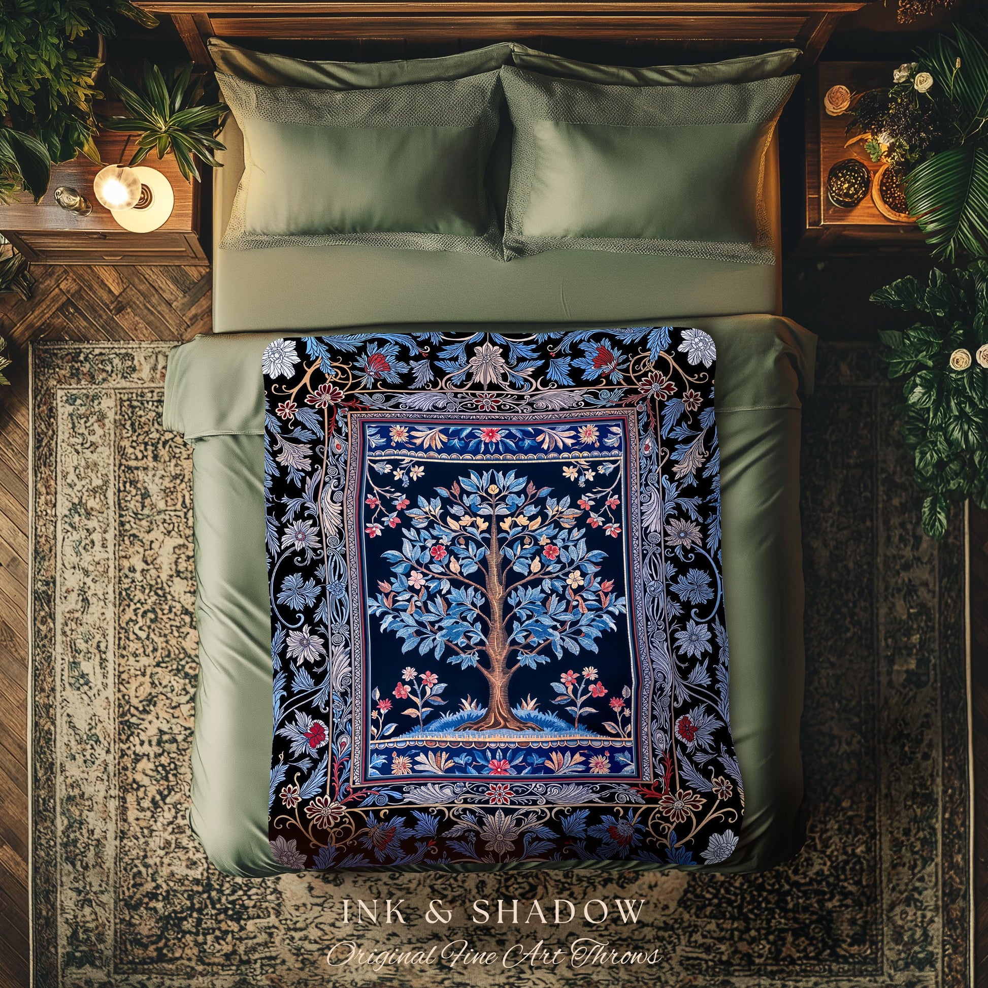 Dark Woodland Rich Baroque Tree of Life Blanket | Intricate Garden Decor Romantic Baroque Floral Accent Morris Inspired Woven Tapestry Throw