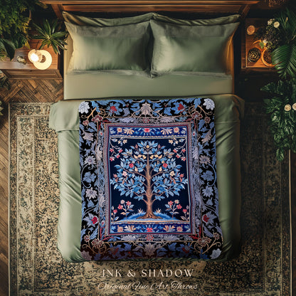 Dark Woodland Rich Baroque Tree of Life Blanket | Intricate Garden Decor Romantic Baroque Floral Accent Morris Inspired Woven Tapestry Throw