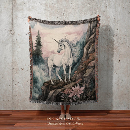 Pastel Landscape Unicorn Wall Art Ethereal Room Decor Vintage Cottagecore | Fairycore Aesthetic Room Decor Magical Tapestry Unicorn Room Art