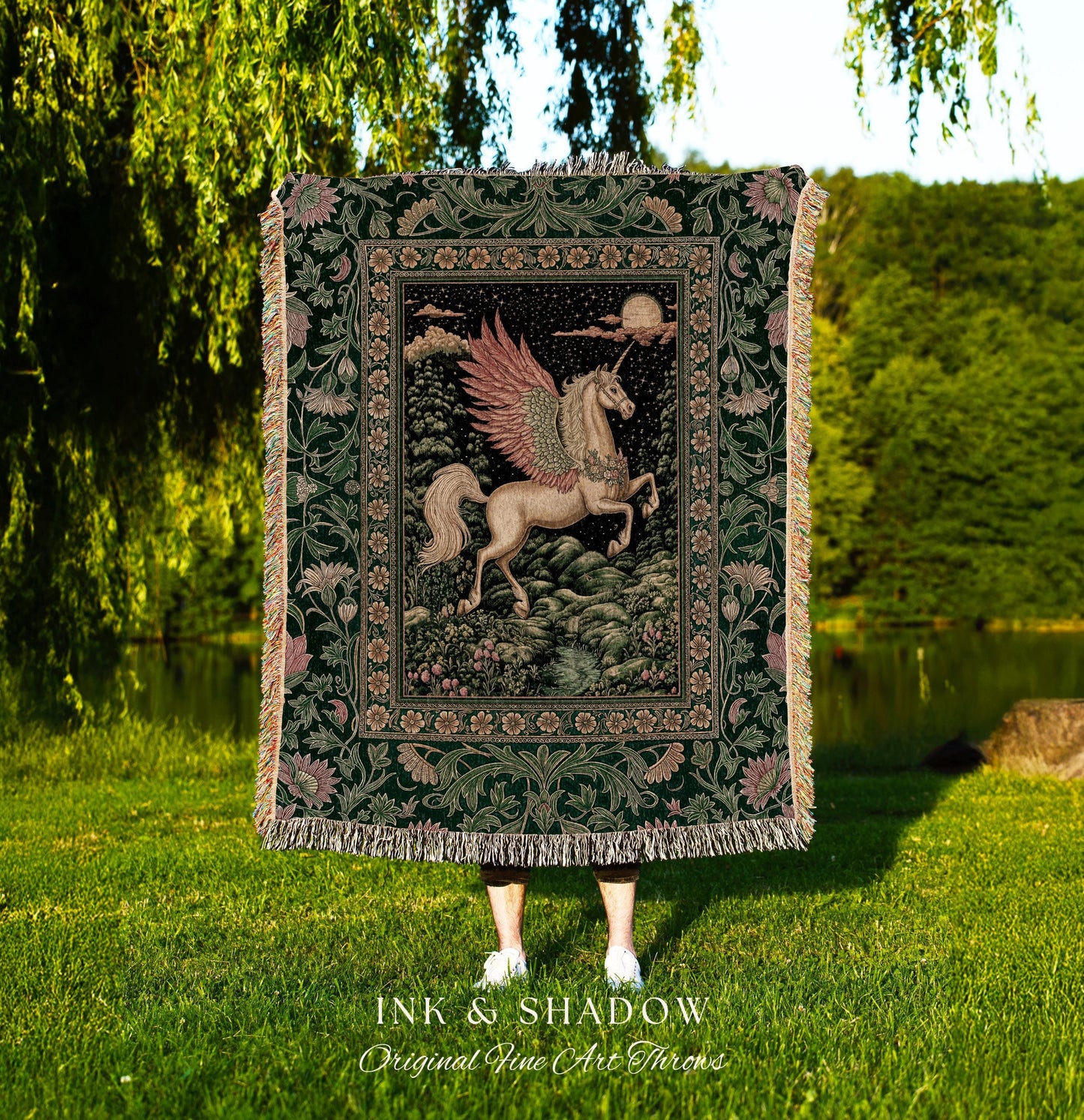 Verdant Landscape Celestial Unicorn Blanket | Fairytale Forest Decor Castlecore Maximalist Romantic Baroque Pegasus Fantasy Woven Tapestry |