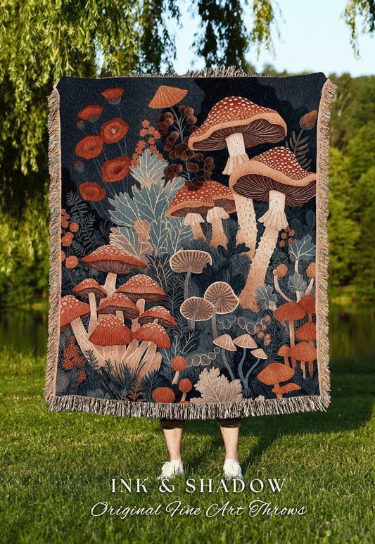 Fungi Forest Cottagecore Blanket | Woven Throw Gift for Mushroom Lover Whimsical Retro Style Reading Nook Aesthetic Magical Aesthetic Decor