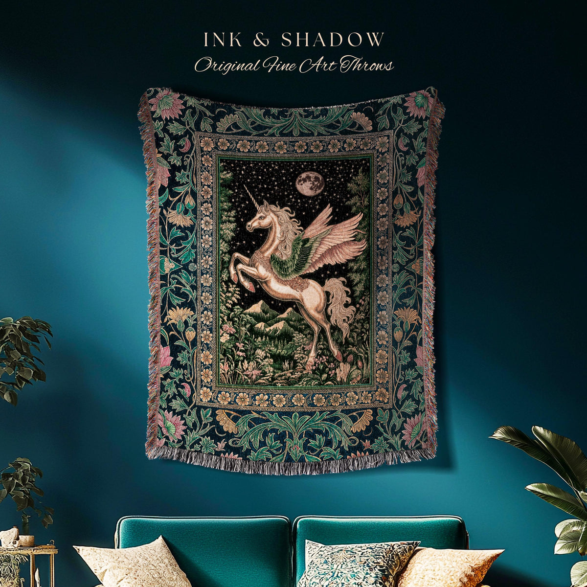 Winged Unicorn Full Moon Fantasy Tapestry | Enchanted Forest Fairytale Decor Baroque Regal Castlecore Romantic Maximalist Throw Blanket Goth