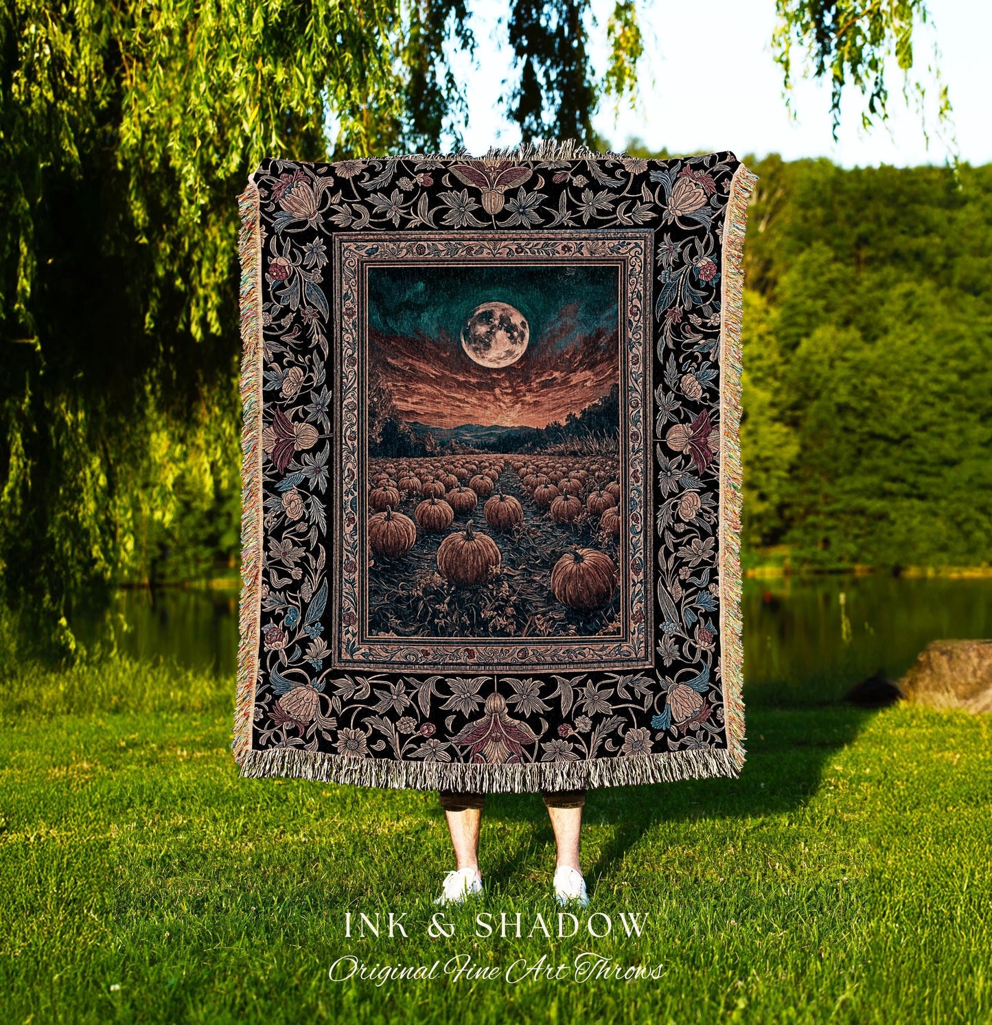 Cozy Pumpkin Landscape Woven Blanket | Dark Academia Throw Autumn Vibes Aesthetic Tapestry Cute Spooky Decor Whimsigoth Halloween Accent |