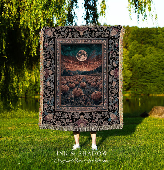 Cozy Pumpkin Landscape Woven Blanket | Dark Academia Throw Autumn Vibes Aesthetic Tapestry Cute Spooky Decor Whimsigoth Halloween Accent |