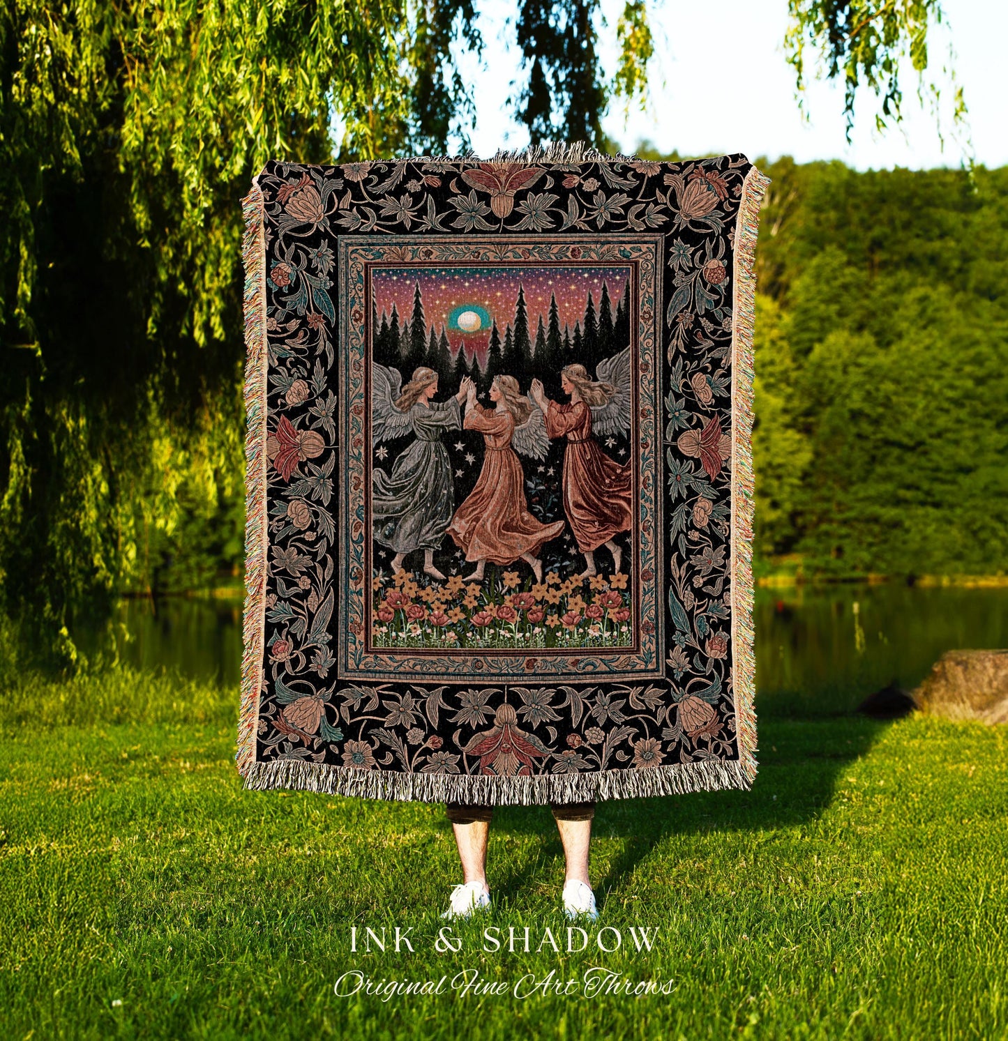 Midsummer Aesthetic Angel Tapestry | Medieval Angels Dancing Witchy Aesthetic Dreamy Fairytale Folklore Woven Throw Blanket Bohemian Magic