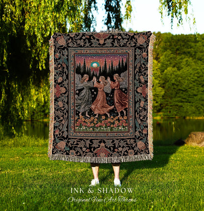 Midsummer Aesthetic Angel Tapestry | Medieval Angels Dancing Witchy Aesthetic Dreamy Fairytale Folklore Woven Throw Blanket Bohemian Magic