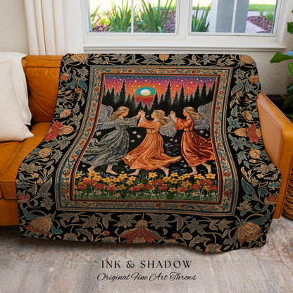 Midsummer Aesthetic Angel Tapestry | Medieval Angels Dancing Witchy Aesthetic Dreamy Fairytale Folklore Woven Throw Blanket Bohemian Magic