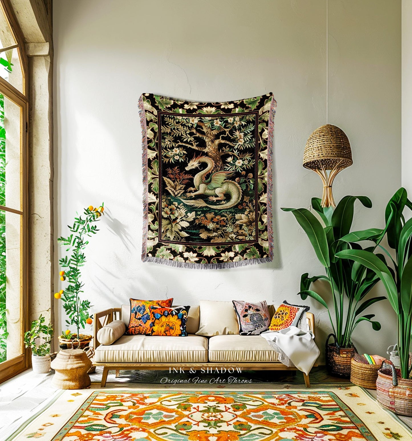 Mystical Fantasy Dragon Rug Runner Enchanting Dark Nature | Ancient Aesthetic Chinese Dragon Art Decor Ethereal Dragon Decoration Forestcore