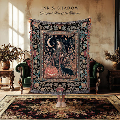 Black Cat Witch Spooky Season Blanket | Celestial Sorceress Ethereal Halloween Woven Wall Tapestry Jack-o-lantern Wiccan Enchantment Gothic