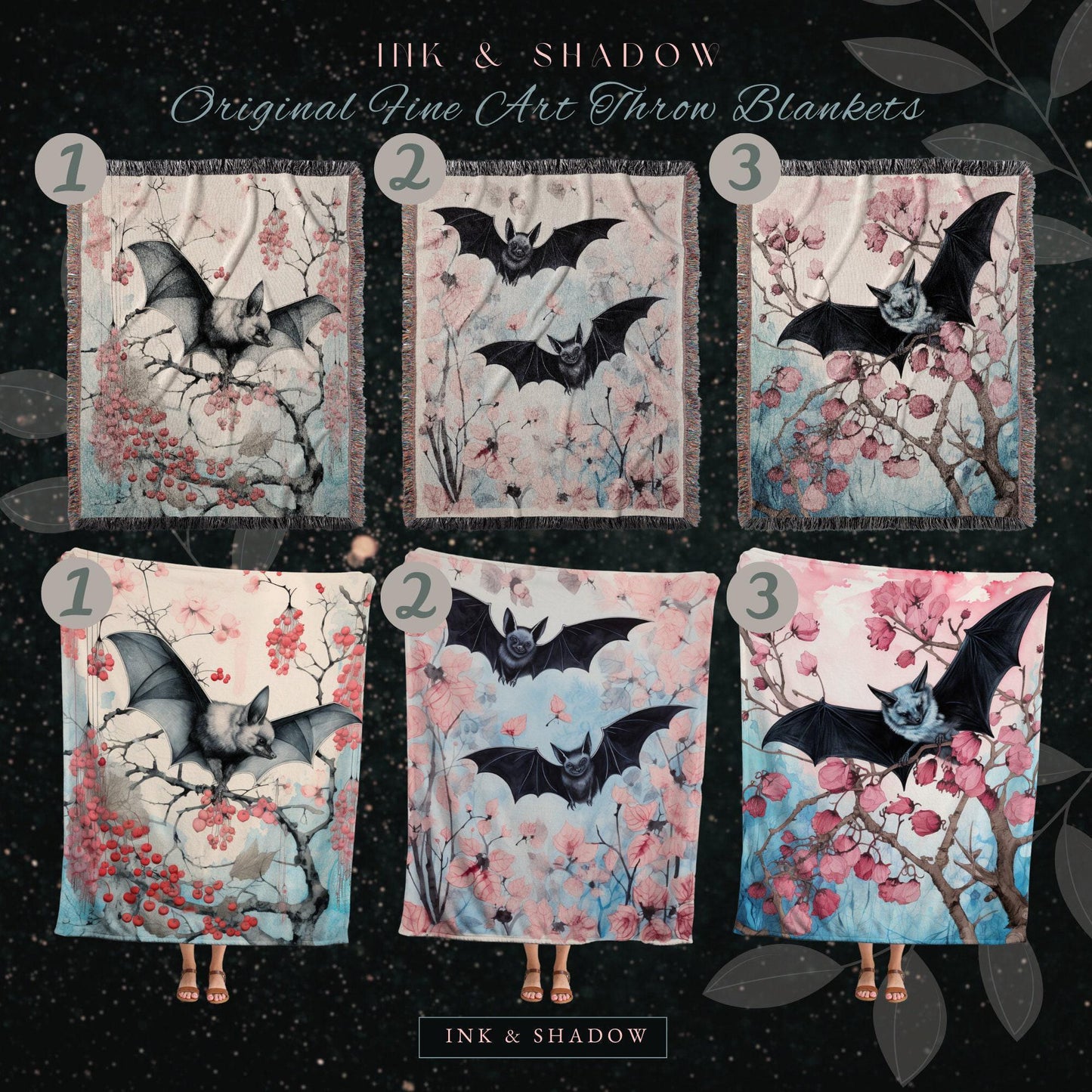 Cherry Blossom Bat Tapestry Woven Throw Blanket Pastel Decor Dark Cottagecore Art | Bat Tapestry Whimsigoth Art Gothic Decor Tapestry Woven