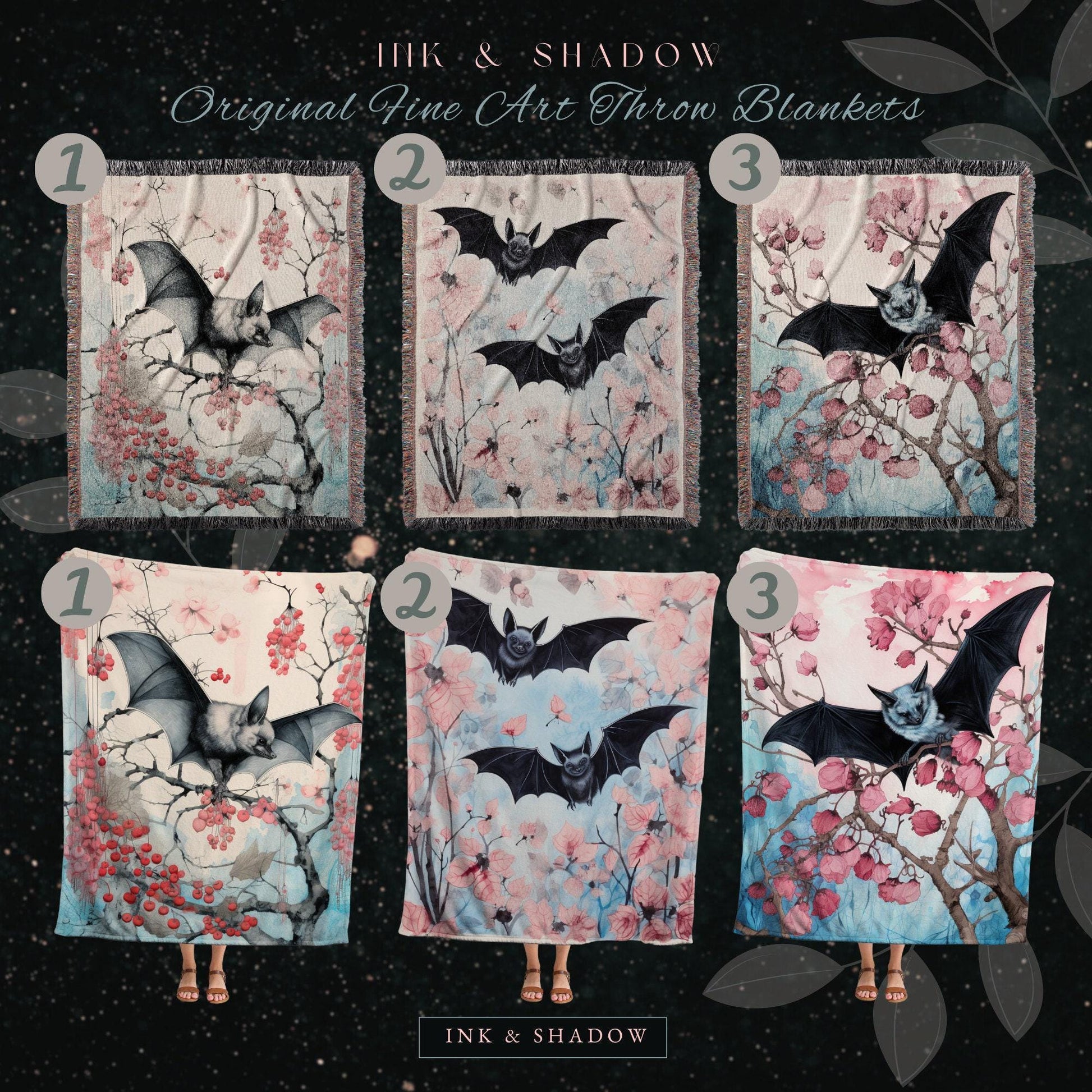 Cherry Blossom Bat Tapestry Woven Throw Blanket Pastel Decor Dark Cottagecore Art | Bat Tapestry Whimsigoth Art Gothic Decor Tapestry Woven