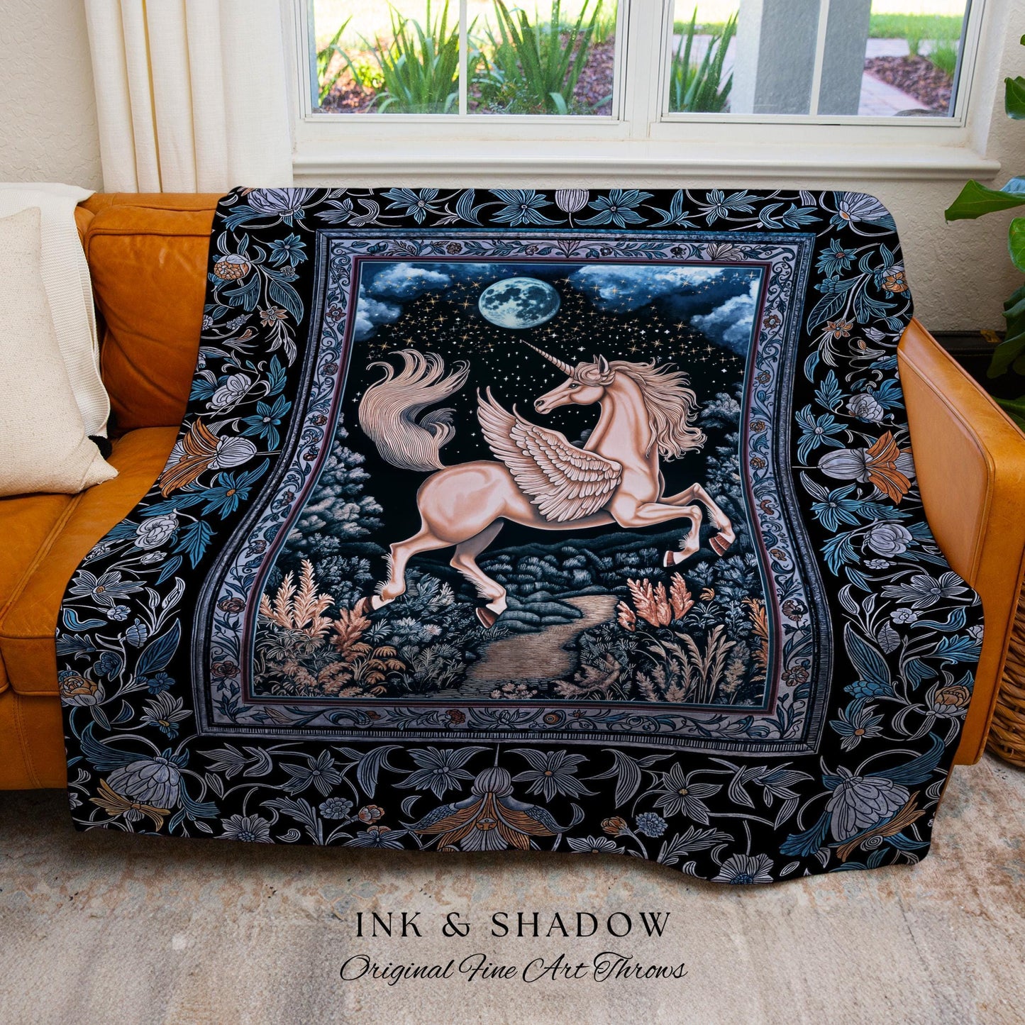 Starlit Blue Pegasus Ethereal Throw | Mystical Castlecore Decor Fairytale Baroque Woven Tapestry Blanket Regal Fantasy Moonlight Forest |