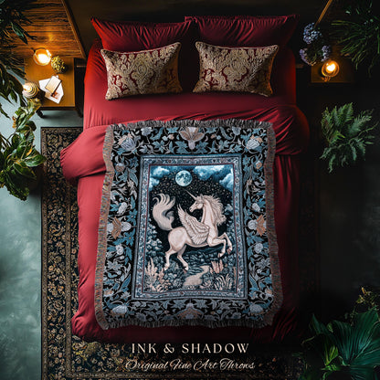 Starlit Blue Pegasus Ethereal Throw | Mystical Castlecore Decor Fairytale Baroque Woven Tapestry Blanket Regal Fantasy Moonlight Forest |